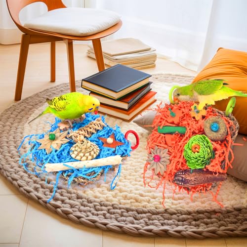 KATUMO Bird Toys, 2 Pack Bird Grass Mat Foraging Wall Toys Parrot Shredder Toys for Parakeet, Cockatiel, Conure, Lovebird, Budgie, Small to Medium Birds - color: Blue+Orange