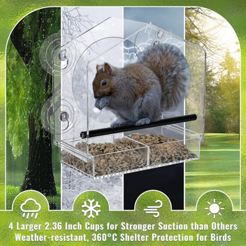 Window Bird Feeder with Strong Suction Cups - Slide-Out Tray | House shaped clear acrylic, 2.36" large suction cups, bird feeder for window viewing, birdwatching gift for parents - color: blue, size: 3.94IN