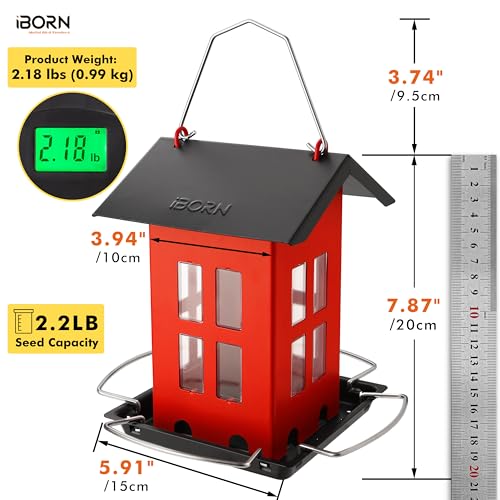 iBorn Bird Feeder House, Metal Bird Feeders for Outdoors Hanging,Double-Sided Metal Hanger & Weatherproof, Easy to Clean & Refill, 2.2 Lbs Capacity, Red - color: Red