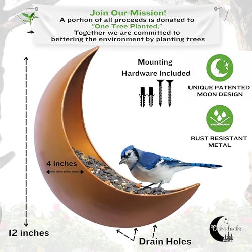 Fence & Tree Mounted Moon Bird Feeder – Cardinal, Squirrel Feeder, Rustic Gold Metal Wall Bird Feeder for Outdoors, Wild Bird Feeder for Bluebirds.