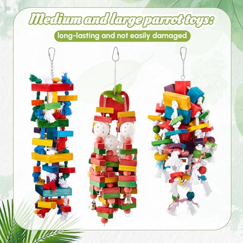 Seenelling 3 Pcs Extra Large Bird Toys for Parrots, Block and Rope | Multicolored Natural Wooden Blocks & Beads Bells, Bird Cage Chewing Toys for Large Medium Macaws African Grey Cockatoos - style: Block and Rope