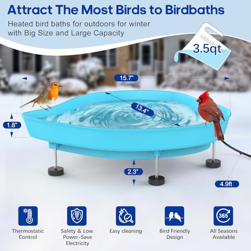 Heated Bird Baths for Outdoors for Winter - 60W Thermostatically Controlled Heated Bird Bath for Outside Winter, Large Capacity Heated Birdbath for Outdoors for Winter Garden Yard Lawn (Blue)