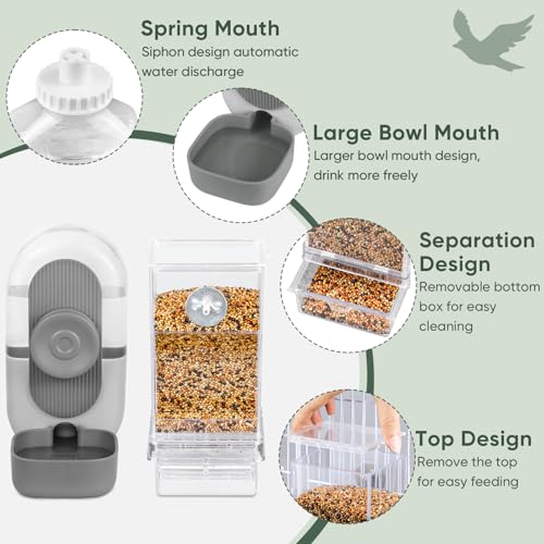 Lemtrflo No Mess Bird Feeder Water Dispenser, Parrot Cage Automatic Feeders | Automatic Feeding & Hydration, Parakeet Cage Accessories for Parrots, Cockatiels, Finches, Lovebirds & Budgies - color: Gray