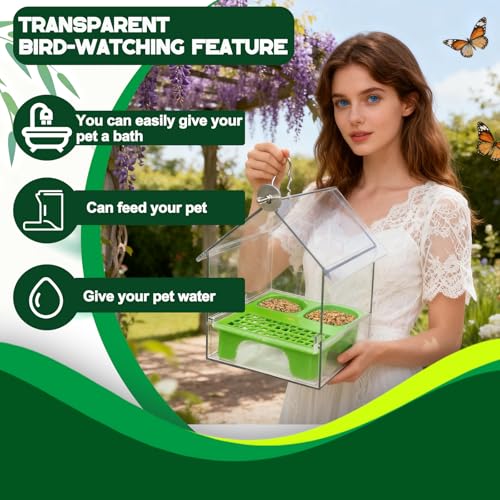 Pull-Out External Parrot Feeder, No Mess Bird Feeder, Decorative Transparent Bird Bath Tub with Two Food Slots, Easy to Fill Hold and Clean, Suitable for Parrot & Finch