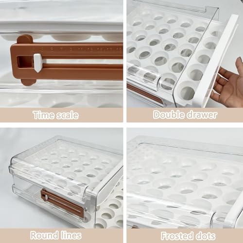 60 Egg Drawer Organizer for Refrigerator,2 Layers Transparent Egg Holder Tray for Fridge Stackable Eggs Storage Tray with Timescale