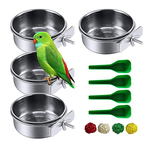 kathson Stainless Steel Bowls for Birds,4 Pcs Parrot Feeder Dish Cups,Bird Cage Water Food Bowl Coop Cup with Clamp Holder for Parrots Cockatiel Budgies Parakeet Lovebird(M) - size: 【M:4.7x2.2 Inches】