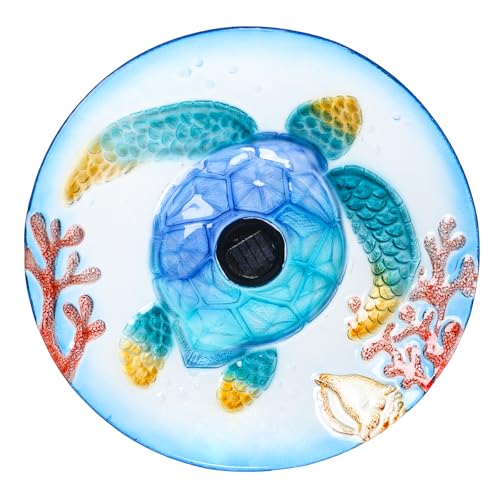 MUMTOP Outdoor Bird Bath Solar Glass Birdbath with Metal Stand Garden Decor | 18" Diameter 21.65" Height Solar Turtle Bird Baths for Lawn Yard Garden Decor, Solar Large Glass BirdBaths Bird Feeder - color: Blue