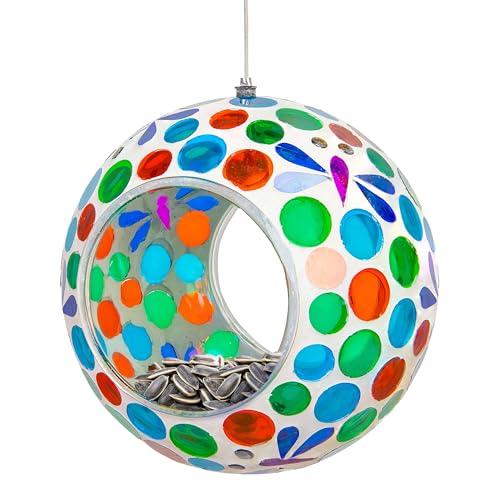 Sunnydaze Mosaic Glass Bird Feeder, Fly-Through, Dragonfly Dreams | 6" Small Unique Hanging Bird Feeder for Outdoors, Drainage Hole, Weather-Resistant, Birdfeeder for Cardinals, Jays, & Finches - color: Dragonfly Dreams
