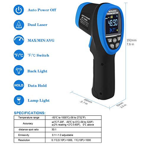 High Temp Thermometer Gun -58°F~2732°F Dual Laser Industrial Pyrometer | Color LCD Backlight,Digital IR Temperature Gun 30:1 Adjustable emissivity 0.1-1.0. Hi/Lo Temp Alarm. Flashlight. - color: Colorful LCD AP-1500C