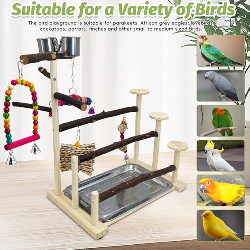 PINVNBY Bird Playground 9 PCS Parrot Perch Stand Play Gym Cockatiel Wood Bird Toys Birds Cage Accessories Playpen with Feeder Cups Hanging Swing Toys for Parakeet Conure Lovebird Cockatiel - size: Three Floors With Chew Toys
