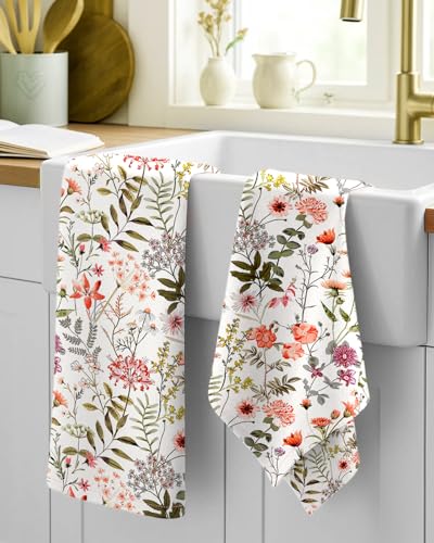 150GSM Flour Sack Kitchen Towels Set of 2, Flower Shrubs | 18"x26", Lightweight, Lint-Free, Pure Cotton, Decorative, with Hanging Loop, Absorbent, Softer after Wash, Giftable Package - color: Flower Shrubs
