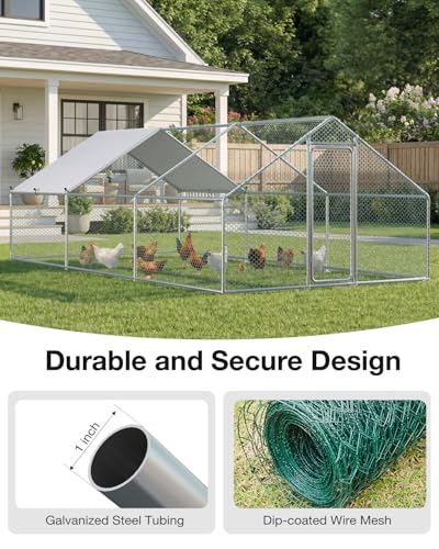 Esright Metal Chicken Coop Run, 20x10 Ft, Spire Roof | Rust-Resistant Galvanized Steel Tube with Wire Mesh, 420D Oxford Fabric Waterproof Cover - size: 234.0"L x 120.0"W x 76.8"H