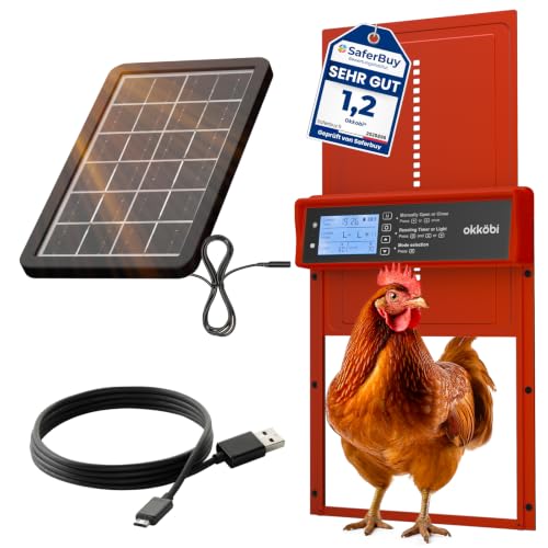 Okkobi Automatic Chicken Coop Door Solar Powered - LCD Display - Chicken Coop Door with Remote Control, Light Sensor & Timer - Security & Peace of Mind: Anti-Pinch Function - 5-Year Protection - Red - color: Red