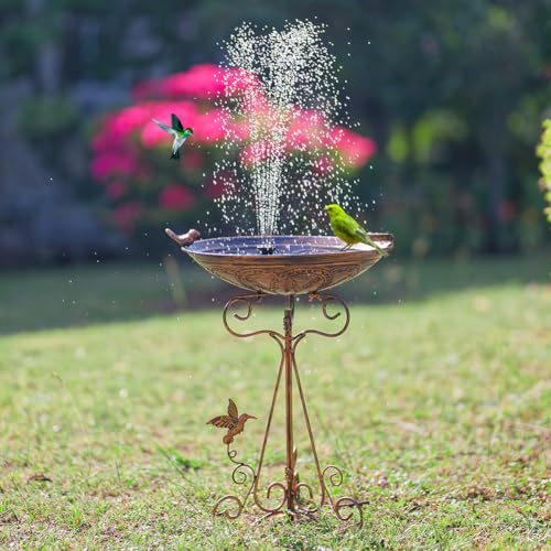 13" Vintage Metal Bird Bath with Cast Iron Pedestal | Bird Feeder Birdbaths Bowl with Folding Bracket for Outdoors Garden Patio Yard Lawn Decor - color: Brown-1