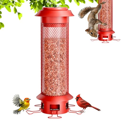 Heavy-Duty Squirrel Proof Bird Feeder, Removable Tray for Easy Cleaning, Weight-Activated Cage, 5 Perches, 4 Lb Capacity, Tube Metal Bird Feeder for Outdoors Cardinals, Finches - color: Red