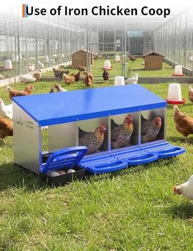 GarveeLife Chicken Nesting Box 4 Hole, Galvanized Steel Nest with Roll Away Egg Collection & Swing Perch, Easy-Clean Laying Box for Hens, Heavy Duty Design for Chicken Coop - color: Blue, size: 4 holes