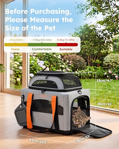 Pecute Cat Carrier,Top Expandable Dog Crate for Travel, Grey | 5mm Anti-Collapse Steel Frame, Soft Mesh, Vet Visits, Foldable Travel Crate,Outdoor Hammock, Leakproof Pee Pad & Bowl - color: Grey