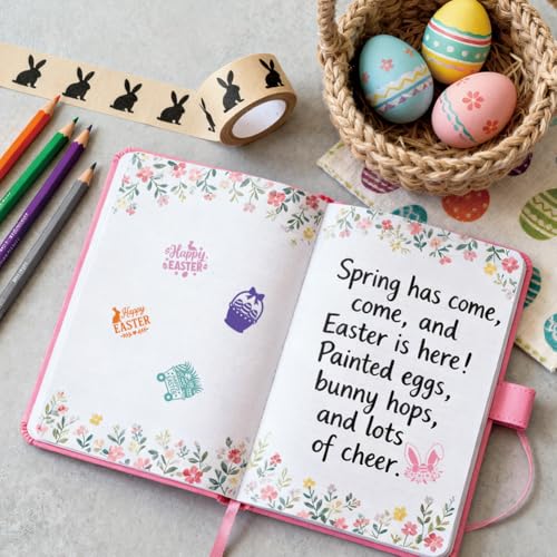 AHANDMAKER 5 Styles Easter Egg Stamps, Happy Easter Pattern Mini Wooden Rubber Stamp Unique Designs Egg Drawing Stamps for Easter Eggs Famers and Chicken Owners Scrapbooking Card Making - style: Happy Easter