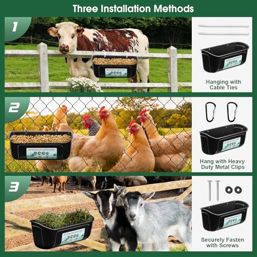 PIREKZUNT 6 Pack Chicken Duck Feeder, Poultry Feeders and Waterers, Hanging Goat Feeder, Livestock Feeding Container, Feed Trough and Waterer Bucket with Clips(Black) - color: 6 Pack Black