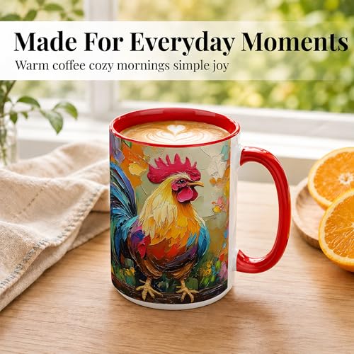 Colorful Rooster Coffee Mug, Farmhouse Chicken Mug, Rustic Kitchen Morning Theme, Impasto Style Barnyard Bird Artwork, Red Accent Ceramic 15 oz Double Sided Drinkware Cup for Home Use - color: Rooster 15Oz