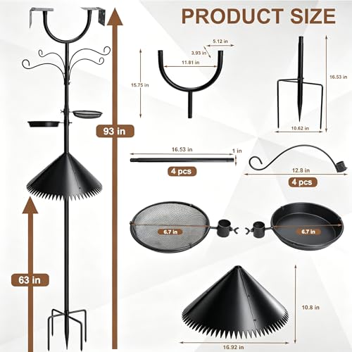 U-Shape 92" Bird Feeder Pole, Squirrel Proof 5-Prong Base for Bird Buddy | Squirrel baffle, 4 shepherd hooks, seed & birdbath tray; U-shape mount holds smart feeders & bird houses for yard garden