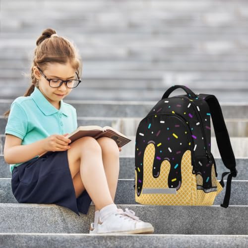 Kids Black Ice Cream Backpack for Boys Girls School Bags | Elementary Middle, Travel Daypack Lightweight Waterproof with Reflective Strip - color: Black Ice Cream