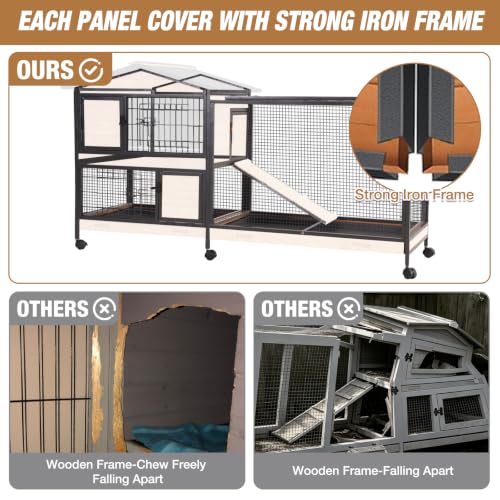 Rabbit Hutch Bunny Cage Strong Iron Frame Rabbit Cage Indoor and Outdoor Chicken Coop with Casters Waterproof Roof, Great for Rabbit,Bunny,Guinea Pig,Chickens. - size: 60.8"L x 22.6"W x 33.2"H