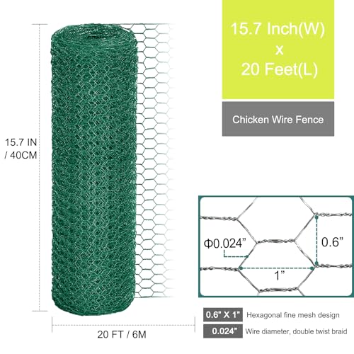 Chicken Wire for Floral Arrangements, Garden Wire Fencing 15.7 x 240 Inch | 24 Rifny Wire Roll 0.6 Inch Mesh, Hexagonal PVC Coated, Metal Poultry Wire Netting for Craft, Plants Rabbit Barrier, Green - size: 15.7" x 240"-0.6 Inch Mesh