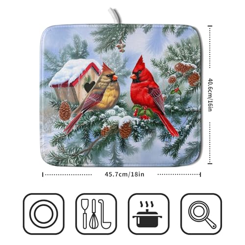 Winter Red Cardinal Bird Dish Drying Mat for Kitchen Counter,Holly Berry Branches Xmas Snowflake Cabin Drying Mat 16 x 18 Inch with High Absorbent Microfiber Drainer Mat for Coffee Bar - color: Red Bird, size: 16" x 18"