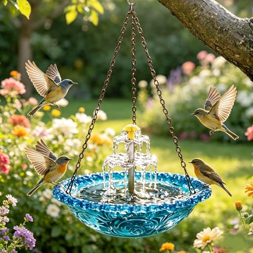Solar Cascade Hanging Bird Bath, 3-Layer Powered Birdbath Fountain, Blue | Outdoor Water Dispenser for Hummingbirds, Hummingbird Bath Shower Bowl for Garden Yard - color: Blue