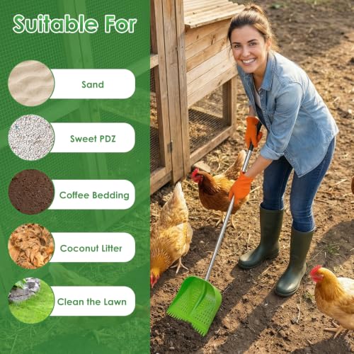 Thiswing Chicken Poop Scooper & Rake 2-in-1, Green | Adjustable Handle Length, Features Manure Sifting Capability, Ideal for Chicken Coops and Farm Animal Cleaning