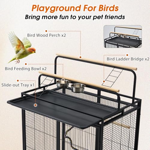 70" Large Bird Cage with Play Top, Metal Parrot Cage with Storage Cabinet | Tall Big Bird Flight Cage with Pull-Out Tray, Feeders, Cover, Stand, Rope, Aviary for Macaw Parakeet Cockatiel Budgie, Black