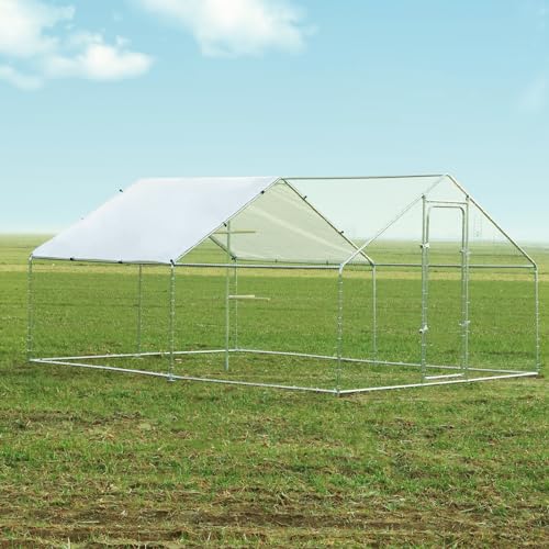 Chicken Coop Large Metal Chicken Run, Outdoor Walk-in Poultry Spire Roof Cage with Chicken Perch for Hen House, Duck Coop and Rabbit Run, Silver (9' L x 13.1' W x 6.56' H) - size: 157.5"L x 118.1"W x 78.7"H