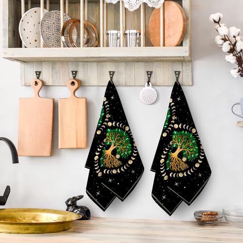 Black Kitchen Dish Towel Set of 2 Ancient Life Tree Tea Towel | Decorative Hand Towels for Kitchen Bathroom Farmhouse Bar Decor, Moon Luna Hippy Decor Drying Cloth 16"x24" - color: Tree Moon