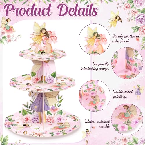 3 Tier Fairy Party Decoration Fairy Cupcake Stand Decoration Floral Cupcake Tower Woodland Garden Theme Cake Holder Table Display for Tea Birthday Party Supplies - style: Fairy