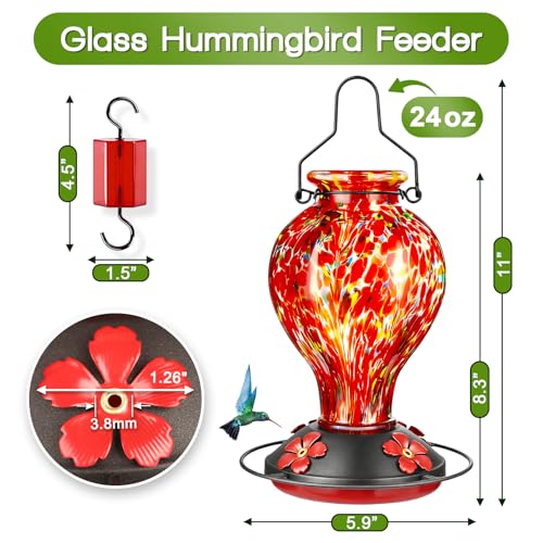 Hand Blown Glass Hummingbird Feeders for Outdoors Hanging, 24oz Wild Bird Nectar Feeder with Ant Moat and Perch, Bee-Resistant Ports, Garden Decor, Gifts for Women Mom, 1 Pack, Red Polka Dots - color: Red Polka Dots
