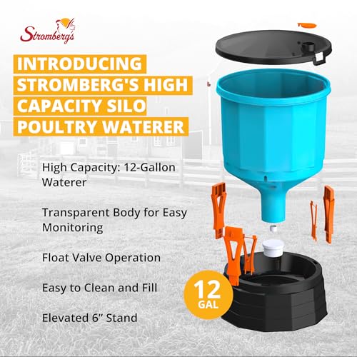 Stromberg's High Capacity Silo Poultry Waterer, 12 Gallon, Transparent Body, Easy to Clean, Float Valve Operation, Elevated 6” Stand, Large Lid, Convenient Filling Options