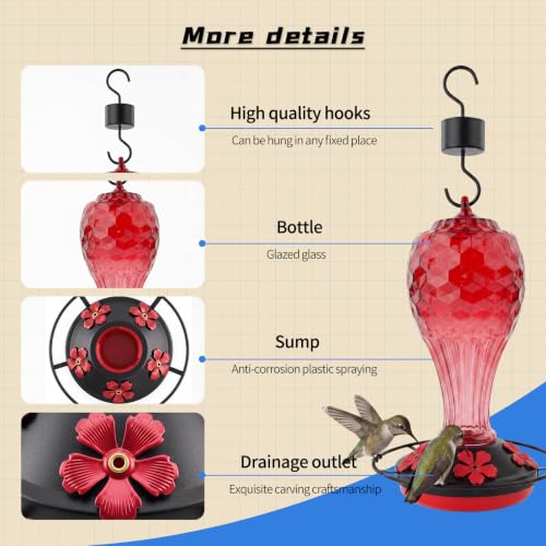 Hummingbird Feeder Colorful Blown Glass Outdoor Hummingbird Feeder with Ant Moat and 5 Feeding Ports for Outdoors Hanging Garden Decor, Bird Lovers (Red-3) - color: Red