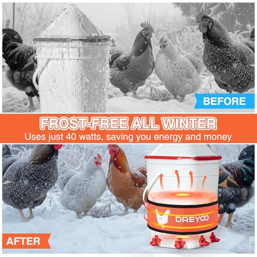 Dreyoo Thermo Bucket Belt with Insulated Wrap, Fits 2-5 Gallon Chicken Waterer, Auto-Thermostatic Chicken Waterer Heater with 5.9ft Power Cord, Energy-Efficient & Durable, Safe to -10°F