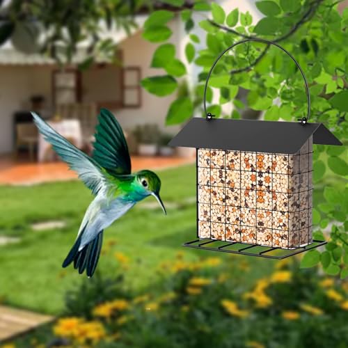 Suet Ball Bird Feeder Outdoor Hanging Metal Wire Wild Bird Feeder Fat Ball Food Feeder with Metal Roof and Platform Outside Cake Suet Feeder Rainproof (Black) - color: Black