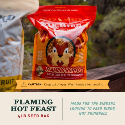 Mr. Bird Flaming Hot Feast Small Loose Seed Bag 2lbs | Hot Pepper Wild Bird Seed for Outside Feeders | Prevent Squirrels | Spicy Bird Food | Backyard Birds | Spicy Bird Seed for Outside Feeders | Premium Blend of Mealworms, Peanuts, Hot Pepper | Keeps Squ