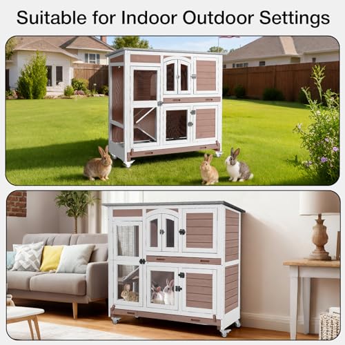 47.2" Two-Story Rabbit Hutch with Wheels, Indoor Outdoor Bunny Cage with Openable Viewing Window & Leakproof Sliding Trays, Wooden Rabbit House with Ramp-(Brown) - color: Brown-AIR06