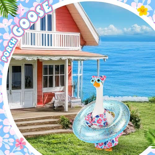 Bikini Porch Goose Outfits with Sunglasses and Swimming Tube for 23" Summer Goose Costume Garden Patio Statue Decor(Blue Monstera Leaf) - style: Blue Monstera Leaf