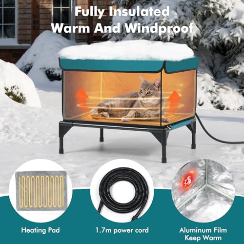Heated Cat House for Outside Cat in Winter, Insulated Outdoor Feral Cat Shelter with Cat Heating Pad, 2 Doors,Elevated Waterproof Heated Kitty House (Blue, 21.5"x16.5"x18") - style: Blue Cat House 01