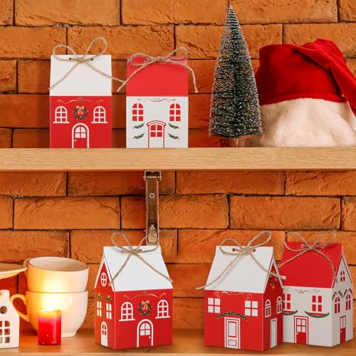 Zhanmai 48 Pcs Christmas Treat Boxes Candy Red Village Vintage Mini Gingerbread House Favor Box Christmas Party Paperboard Gift Boxes for Xmas Holiday Party Treat Cookie Goodie Snack Gift Packaging - style: Candy House