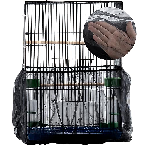 IFAMIO Bird Cage Seed Feather Catcher Adjustable Birdcage Covers Cage Skirt Large Nylon Mesh Netting Universal Bird Cage Net Cover Bird Seed Guard Skirt for Parrot Parakeet Macaw Black
