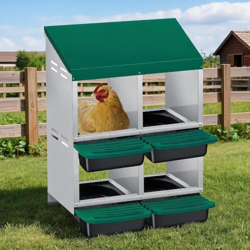 Garvee 4-Hole Rollaway Chicken Nesting Box for Hens –Chicken Nest Box with Removable Trays, Easy Egg Collection & Cleaning, Wall Mount or Freestanding, Sturdy Chicken Laying Boxes, Green - color: Green-4 Hole ＆ 2 Tire