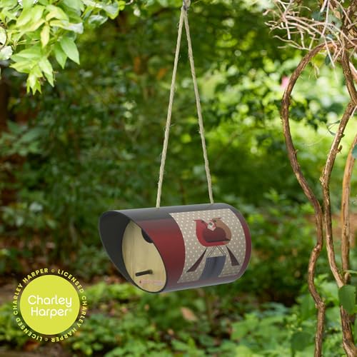 Red Carpet Studios Birdhouse Charley Harper Mid-Century Style Birdhouse for Chickadees, Nuthatches, Titmice, & Warblers Cylinder Bird House, 8" Long, Red Bird's Romance - color: Red Bird's Romance