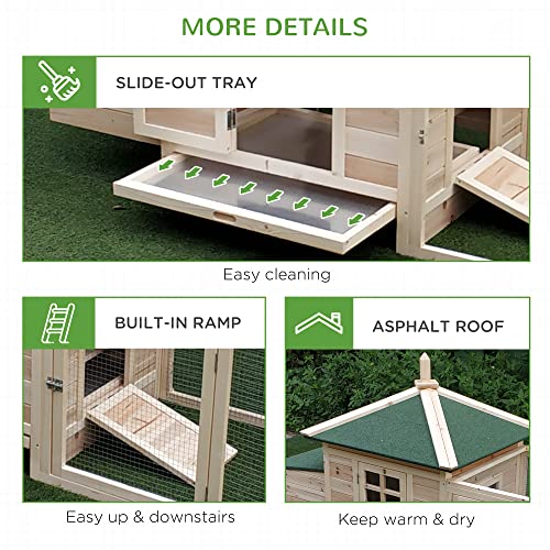PawHut 77" Wooden Chicken Coop with Nesting Box, Cute Outdoor Hen House with Removable Tray, Ramp Run, for Garden Backyard, Natural | Cute Design, Removable Tray, Ramp Run, for Garden Backyard - color: Natural