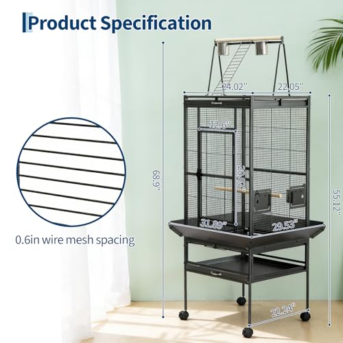 Garvee 68" h Large Bird Cage, Rolling Play Top Parakeet Cage, Big Bird Cages for Parrots, Parakeets, Cockatiels, Conures, Budgie, Lovebird
